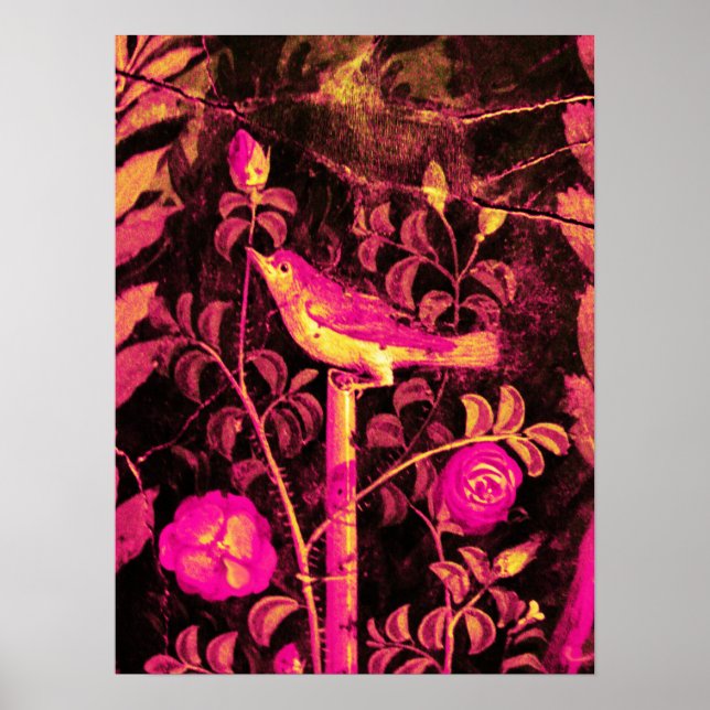 Poster ROUXINOL COM ROSAS, Rosa Fuchsia Preto Amarelo (Frente)