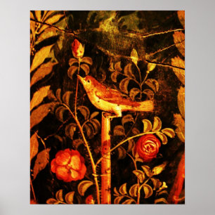 Pôster ROUXINOL COM ROSAS, Vermelho Preto Amarelo