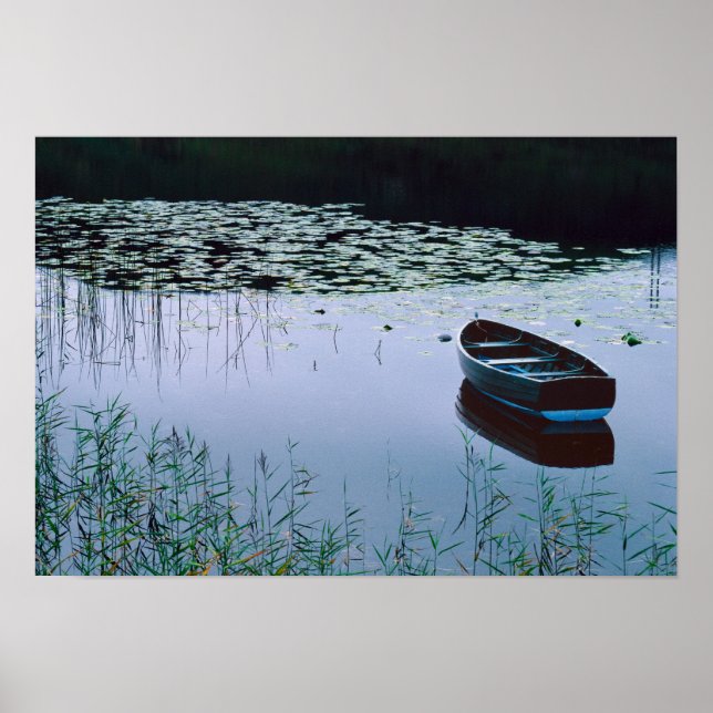 Pôster Rowboat on small lake surrounded by water (Frente)