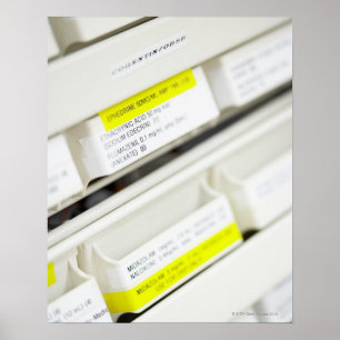 Pôster Rows of labeled medicine drawers