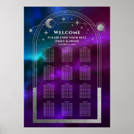 Poster Roxo Cósmico Prata Teal Sun Lua Stars Casamento