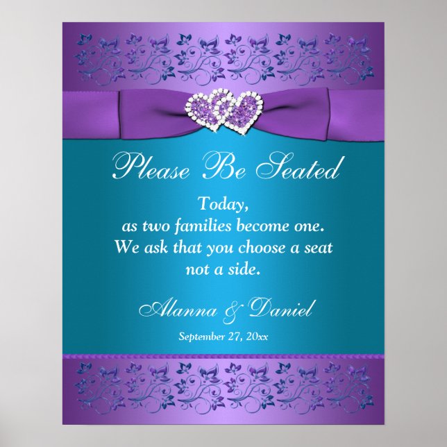 Pôster Roxo, Teal Floral Hearding Sinal/Poster (Frente)