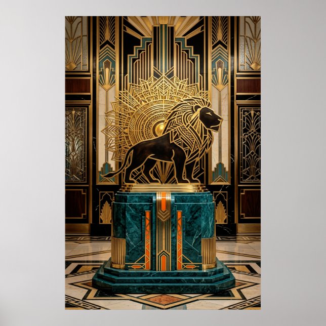 Poster Royal Art Deco Lion Statue Gold Foil (Frente)