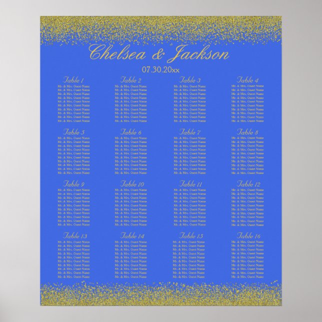 Pôster Royal Blue and Gold Confetti - 16 Seating Chart (Frente)