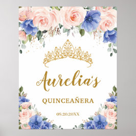 Poster Royal Blue Blush Floral Quinceañera Tiara Boas-vin