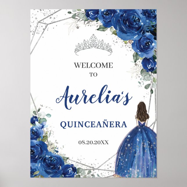 Poster Royal Blue Floral Rosa Silver Quinceañera Bem-vind (Frente)