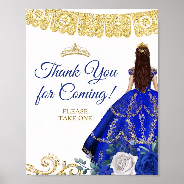 Poster Royal Blue Vresses Floral Quinceañera Obrigado (Frente)