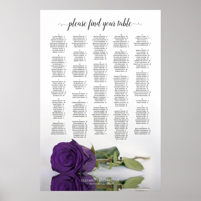 Poster Royal Purple Rose Alphabetical Seating Chart (Frente)