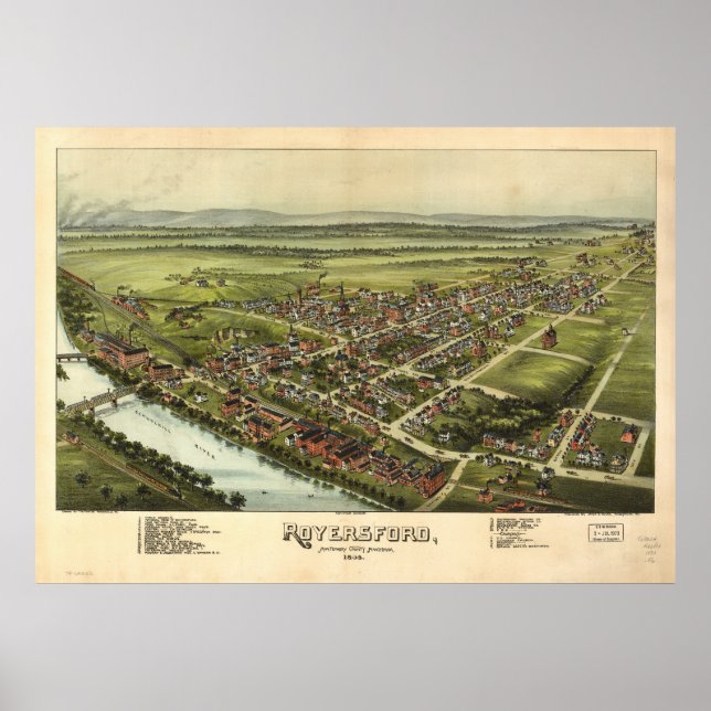Poster Royersford Pennsylvania 1893 Mapa Panorâmico Antiq (Frente)