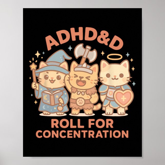 Poster Rpg Gamer Adhdandd Roll For Concentration Geek Cat (Frente)