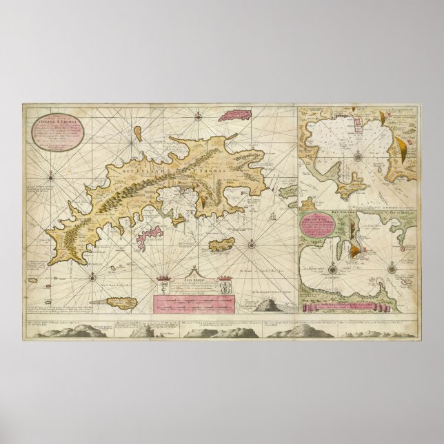 Poster rua 1719. Mapa das Ilhas Virgens Thomas van Keulen (Frente)
