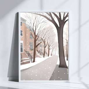 Poster Rua Brownstone Arte em Aquarela de Inverno Nevad