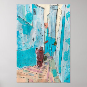 Poster Rua Chefchaouen Marrocos Paper Collage Sketch