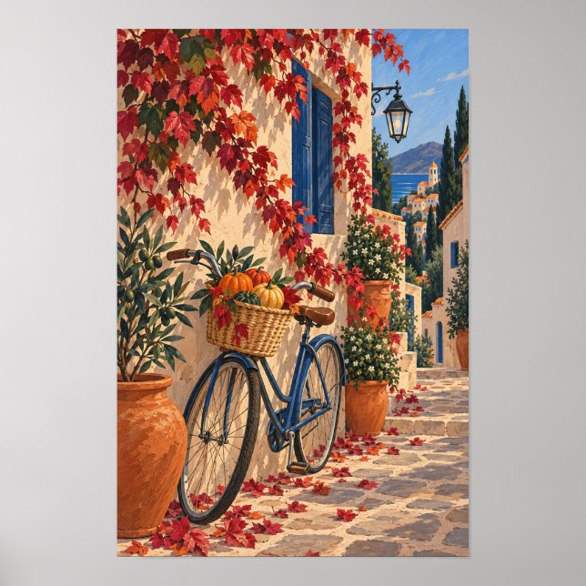 Poster Rua da Aldeia de Outono com Bicicleta e Abóboras (Frente)