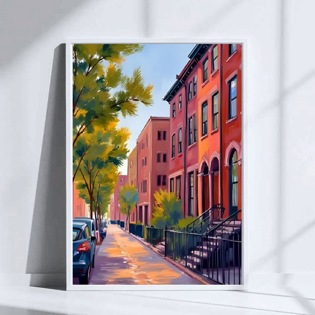 Poster Rua da Cidade de Brownstone | Aquarela de Tijolo d (Criador carregado)