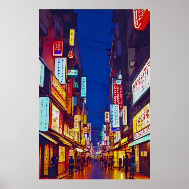 Poster Rua da Cidade Japonesa à Noite (Frente)