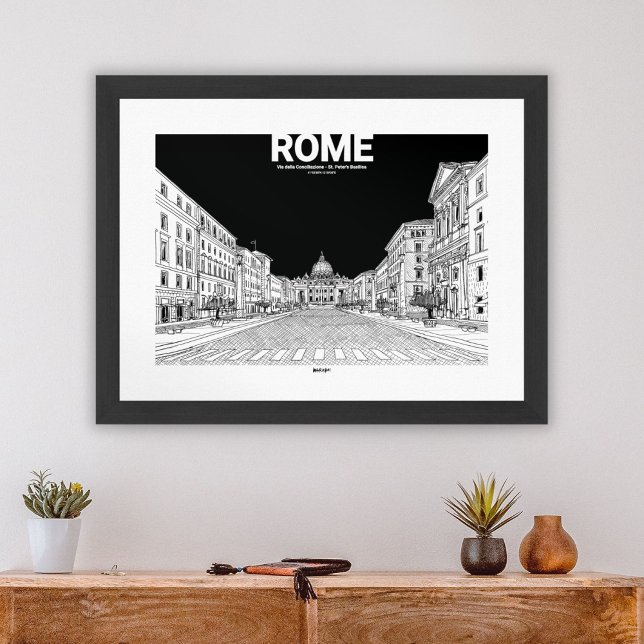 Poster Rua da Cidade Vaticano de Roma, Basilica Negra-neg (Vatican City Rome View Black White Sketch Mate Poster)