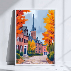 Poster Rua de Aldeia Europeia Aquarela Viagem