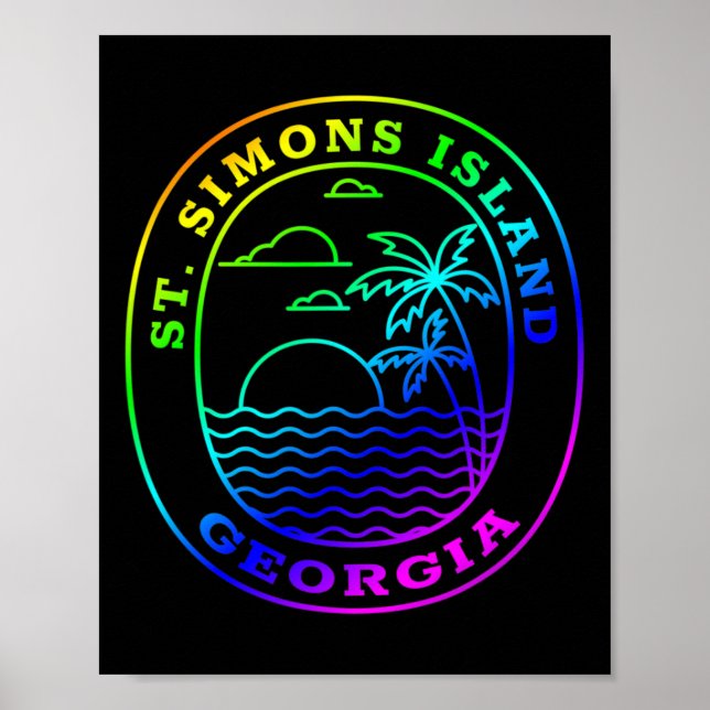 Poster Rua: Ilha Simons Georgia Rainbow Palm Tree Beach (Frente)
