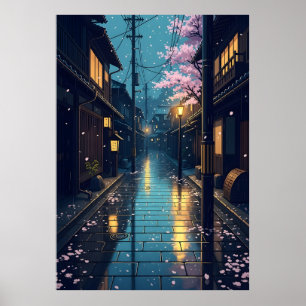 Poster Rua Japonesa Chuveira Aconchegante Flor de Cerejei
