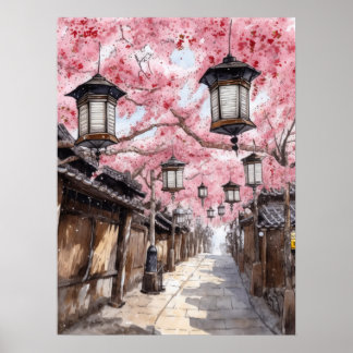 Poster Rua Japonesa com Árvores de Flor de Cereja