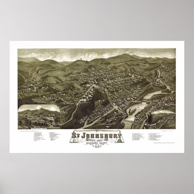 Pôster Rua. Johnsbury, VT Panorâmica Map - 1884 (Frente)