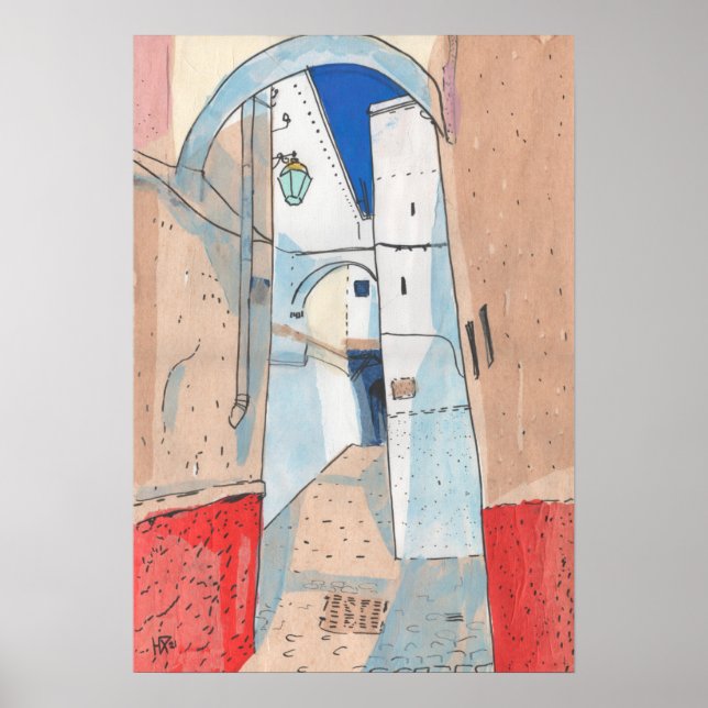Poster Rua Marrocos: Papel Cityscape Collage Arte Sketch (Frente)