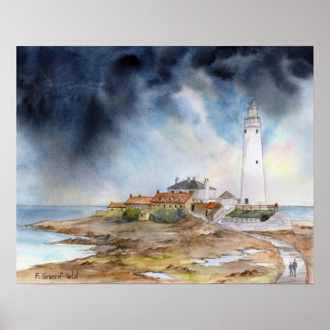 Poster Rua Marys Lighthouse Whitley Bay Watercolor (Frente)