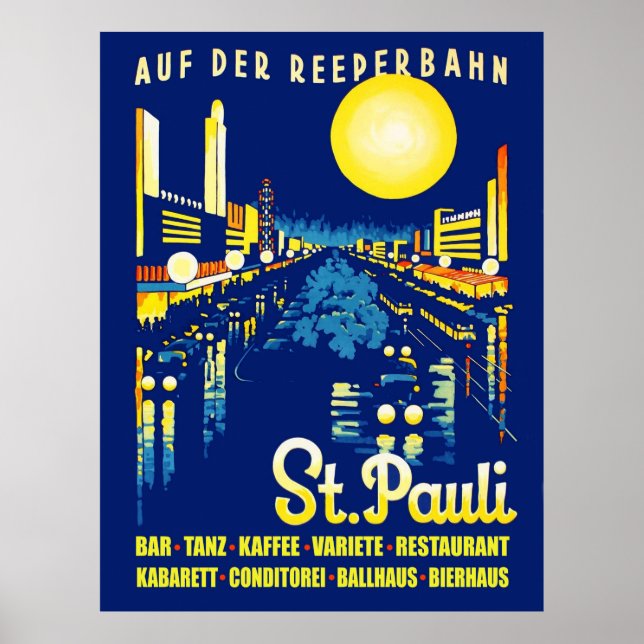 Poster Rua. Pauli à noite, cidade de Hamburgo, Alemanha (Frente)