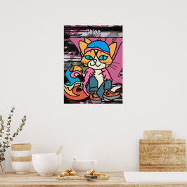 Poster Rua Retro Cat, Boné e tênis| Engraçado
