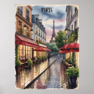 Poster Rua Romântica de Paris Torre Eiffel Aquarela