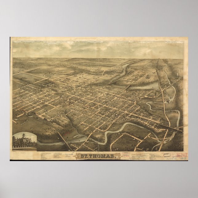 Poster Rua Thomas Ontario 1896 Mapa Panorâmico Antiquado (Frente)