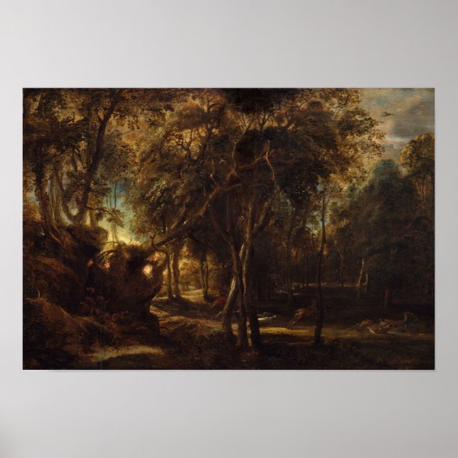 Poster Rubens - Floresta no amanhecer com Deer Hunt (Met) (Frente)