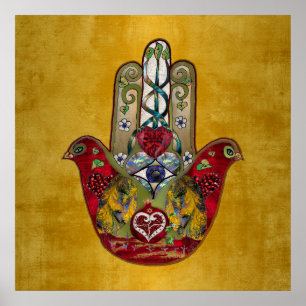 Poster Rubis Romã Coração Vermelho Pássaro Hamsa