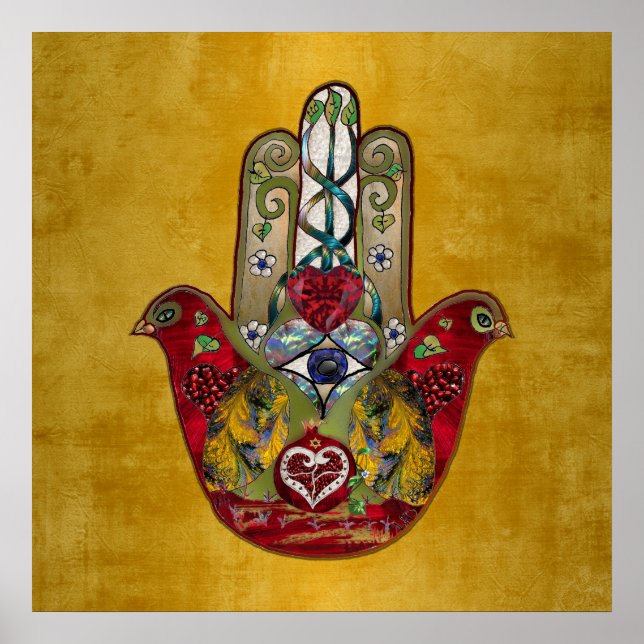 Poster Ruby Pomegranate Heart Bird Hamsa (Frente)