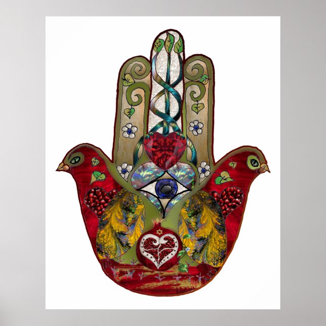 Poster Ruby Pomegranate Heart Bird Hamsa (Frente)