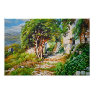 Pôster Ruínas Antigas com Árvore Iluminada - Pintura a Ól