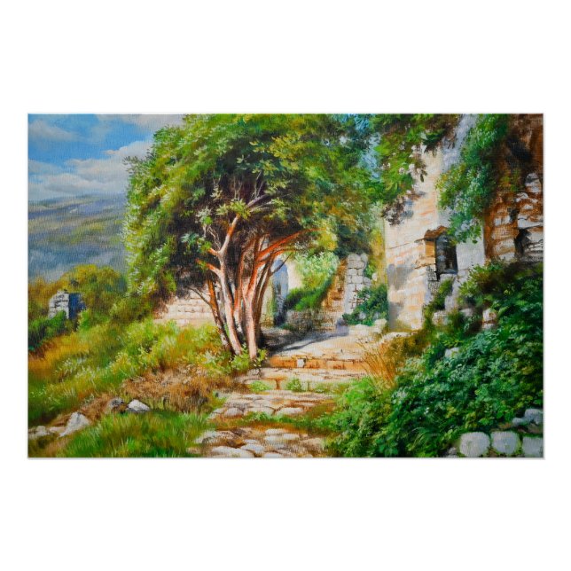 Pôster Ruínas Antigas com Árvore Iluminada - Pintura a Ól (Frente)