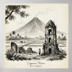 Poster Ruínas de Cagsawa & Vulcão Mayon Filipinas