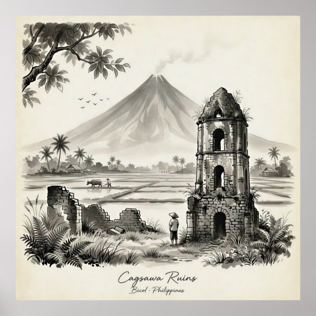 Poster Ruínas de Cagsawa & Vulcão Mayon Filipinas (Frente)