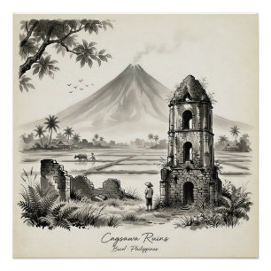 Pôster Ruínas de Cagsawa & Vulcão Mayon Filipinas