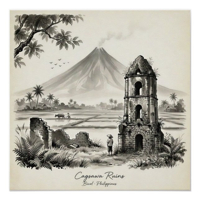 Pôster Ruínas de Cagsawa & Vulcão Mayon Filipinas (Frente)
