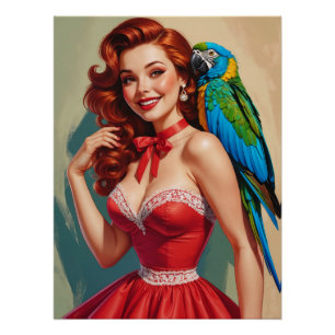Pôster Ruiva Sorridente Pin-Up e Papagaio