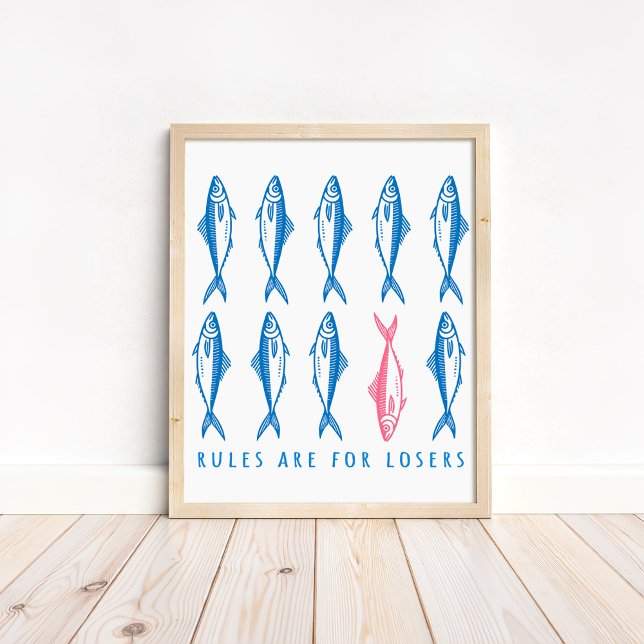 Poster "Rules Are for Losers" Funny Boho Coastal Wall Art ("Rules Are For Losers" Funny Boho Coastal Wall Art in a neutral wooden frame on the floor)