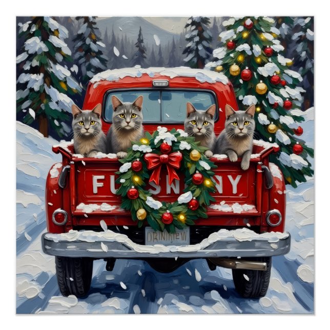 Pôster Russian Blue Cat Christmas Red Truck Holiday (Frente)