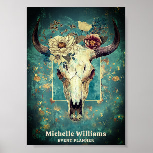 Poster Russo Cow Skull Floral Boho Western Business Logo