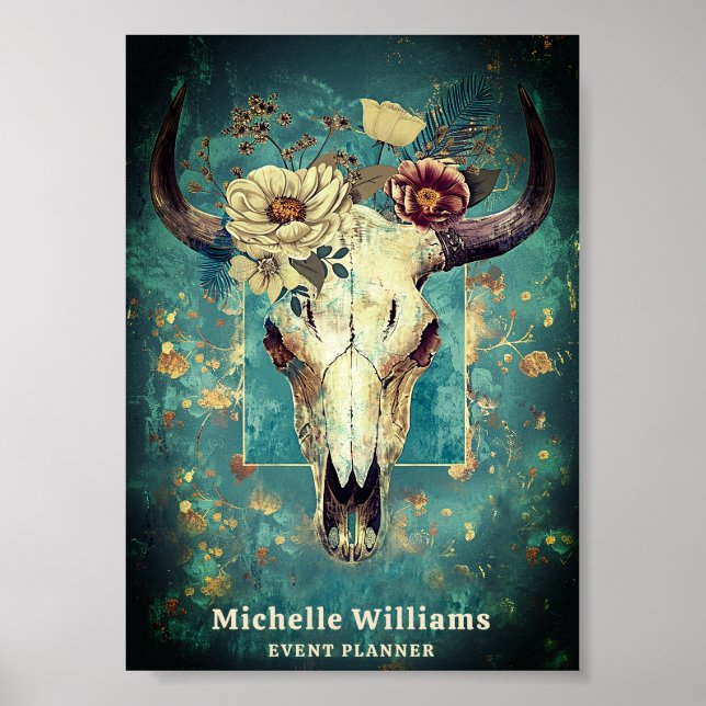 Poster Russo Cow Skull Floral Boho Western Business Logo (Frente)