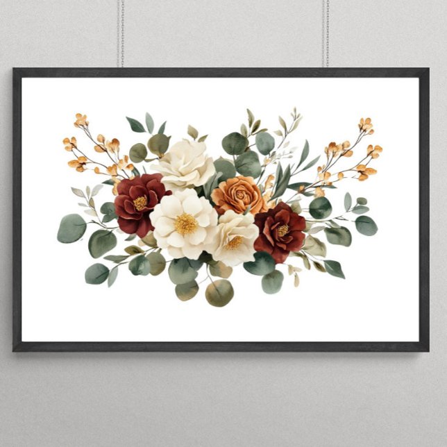 Poster Rust Burgundy Terracotta Cream Florals (Burgundy Rust Cream Floral with Eucalyptus Wall Art)