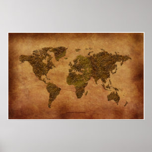 Pôster Rustic 3D World Map on Parchment-effect
