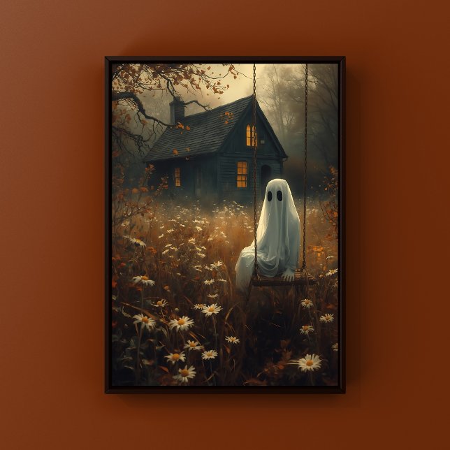 Poster Rustic Autumn Ghost no Swing Spooky Halloween (Spooky Halloween Wall Art in Rustic Cottage Setting)
